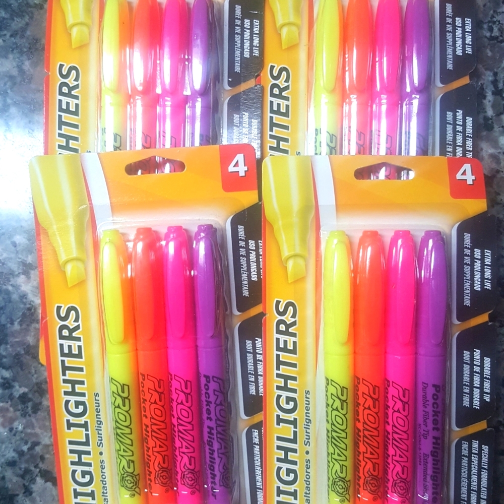 Lot of 4 Each 4 pack promarx highlighters New sealed yellow  orange pink purple